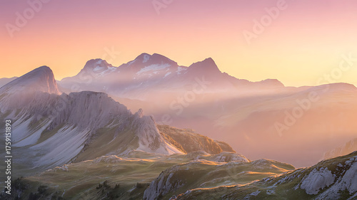 Majestic mountain peaks bathed in soft sunrise hues