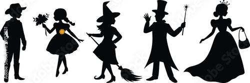 Costume character silhouette set, cowboy, witch, princess, magician, flower girl, fantasy role icons, black vector pack, whimsical illustration, storybook theme design
