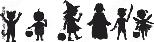 Halloween costume children silhouettes, cat, pumpkin, witch, vampire, pirate, fairy, trick-or-treat icons, black vector pack, festive spooky illustration, holiday celebration design