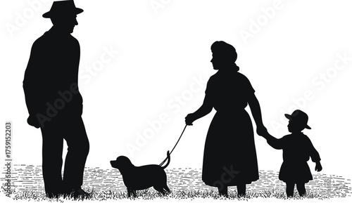 Family walk silhouette scene, man woman child dog, outdoor stroll, black vector illustration, nature background, parenting concept, wholesome lifestyle design elements