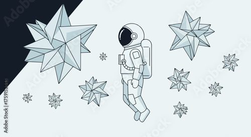 Minimalist Astronaut Floating in Space Surrounded by Geometric Stars Illustration for Technology and Science Projects
