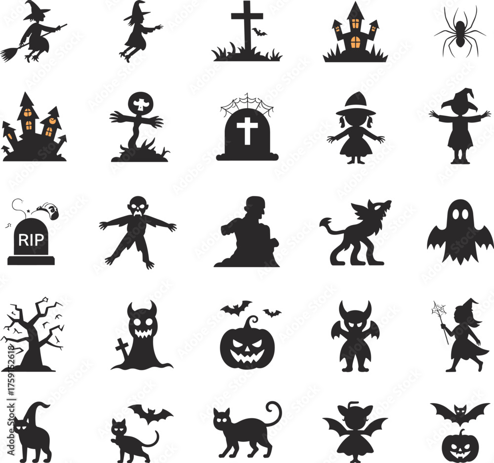 Fototapeta premium Halloween silhouette icon set, witch, ghost, zombie, haunted house, pumpkin, bat, cat, skeleton, monster, spooky vector pack, festive horror illustration