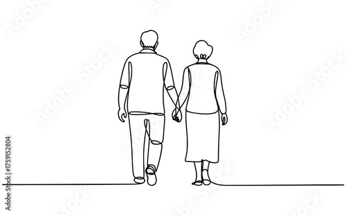 Minimalist one line vector illustration of an elderly couple walking together hand in hand, symbolizing love, companionship, aging, and lifelong relationship.