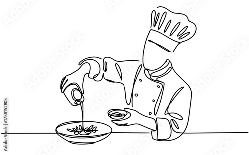 Minimal continuous line drawing of a chef wearing a hat and uniform, sprinkling seasoning or garnish onto a plate of food, symbolizing cooking, creativity, and culinary art.