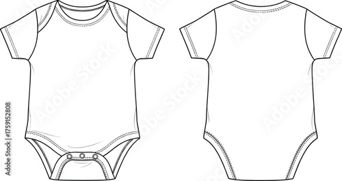 Baby onesie short sleeve front and back view, infant bodysuit apparel design template, detailed cad drawing flat vector illustration