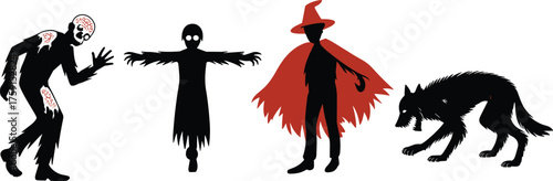 Halloween horror silhouette set, zombie, ghost, witch, werewolf, red accent icons, spooky vector pack, eerie character illustration, festive creepy design elements