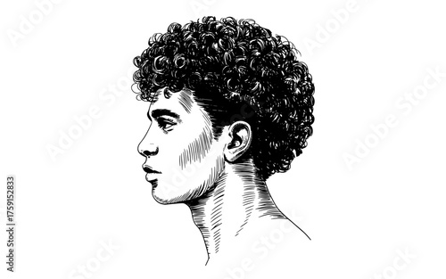 a young man with curly hair in side profile view, hand-drawn vintage engraving 