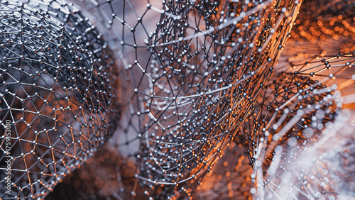 Dynamic wireframe geometry in silver and orange with depth
