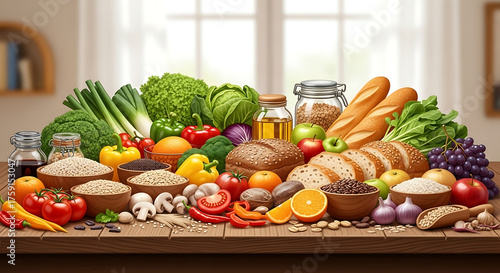 Vibrant Assortment of Fresh Fruits and Vegetables on a Rustic Wooden Table