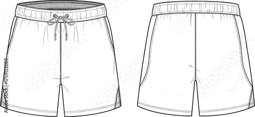 Men's shorts cad drawing, technical flat sketch, vector illustration of sport shorts with drawstring, front and back view