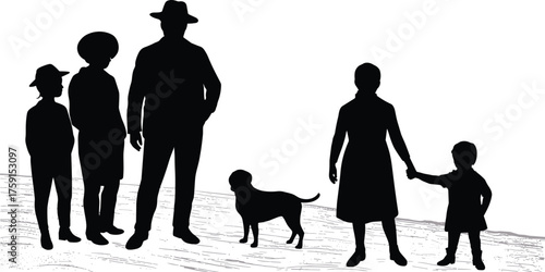 man woman child dog, outdoor stroll, black vector illustration, nature background, parenting concept, wholesome lifestyle design elements