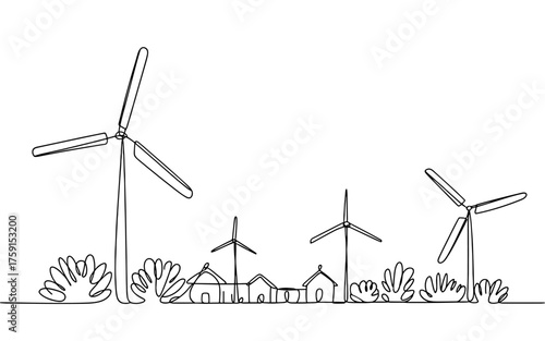 Simple one line drawing of wind turbines near small houses and plants, symbolizing clean energy, sustainability, and eco-friendly rural living.