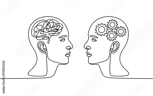 Continuous line drawing showing two human profiles, one with tangled lines and the other with gears, representing confusion and logical thinking.