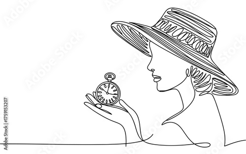 Minimalist one line drawing of a woman wearing a hat and holding a pocket watch, symbolizing time, patience, and elegance.