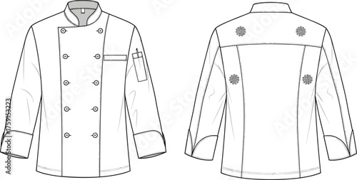 Professional chef jacket flat sketch front and back view, restaurant uniform apparel design, detailed fashion cad drawing flat vector illustration