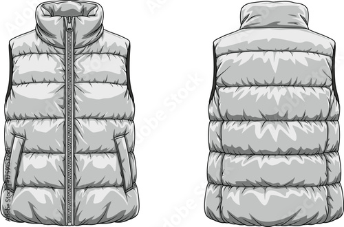 Puffer sleeveless jacket front and back view, quilted winter vest design template with zipper, detailed cad drawing flat vector illustration