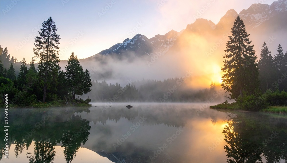 Fototapeta premium Golden morning light breaks through the fog over a tranquil mountain lake with forest reflections