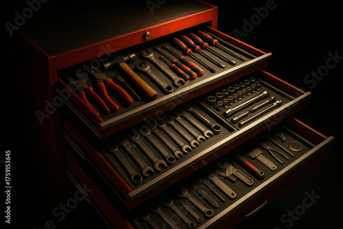 Well organized tool drawer with various tools