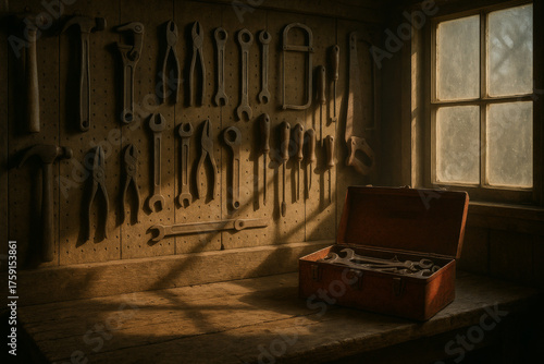Organized workshop tools with warm light and shadows
