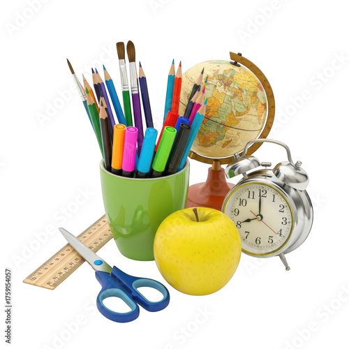 Illustration of school supplies with globe and clock isolated on transparent background