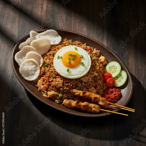 A plate of traditional Indonesian Nasi Goreng with a fried egg, chicken satay, krupuk, and fresh vegetables on a dark wooden table.