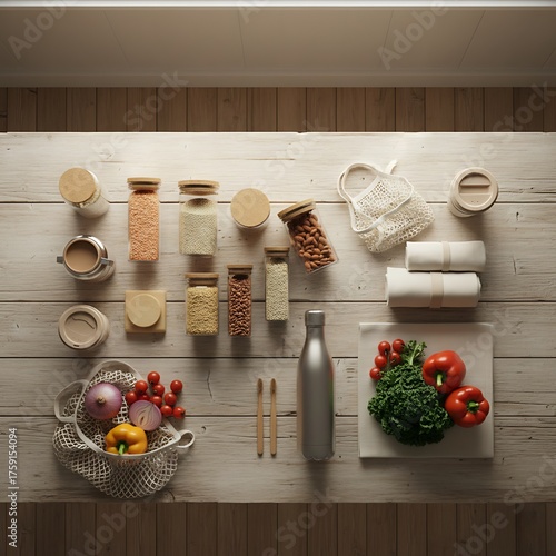Overhead view of various dry goods in glass jars, fresh produce, and reusable items on a wooden table, promoting a sustainable and zero-waste lifestyle.