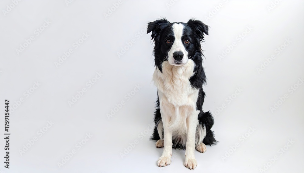 Fototapeta premium A Black and White Border Collie Dog Sits Patiently on a Plain White Background in a Studio Portrait Shot