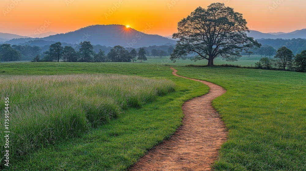 Fototapeta premium Sunrise illuminates a winding dirt path through a grassy field with a large tree