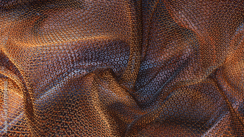 Intricate 3D composition of neural style wireframe mesh glowing with orange light.