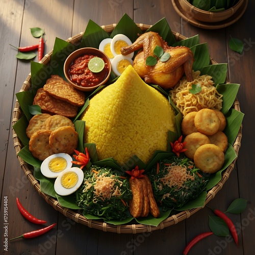 Traditional Indonesian Nasi Tumpeng feast with yellow turmeric rice, fried chicken, eggs, tempeh, and various side dishes on a banana leaf-lined woven tray.