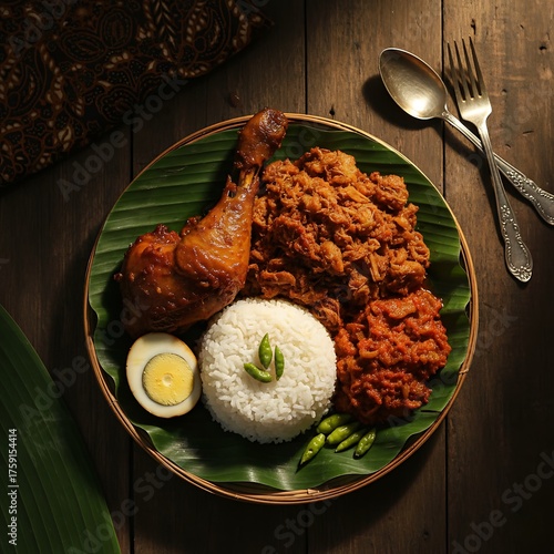 Traditional Indonesian meal featuring fried chicken, white rice, hard-boiled egg, and sambal served on a banana leaf on a rustic wooden table.