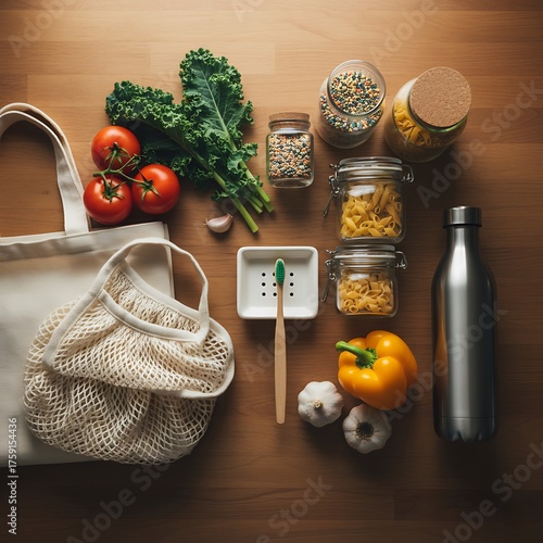 Overhead view of various zero-waste groceries and reusable items laid out on a wooden table, promoting sustainable living.