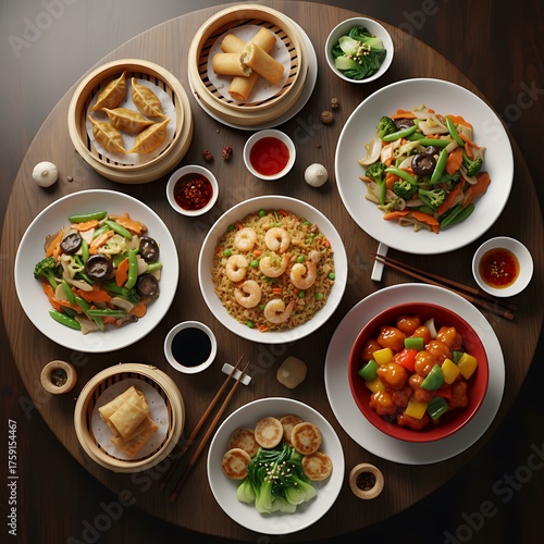 A delicious spread of various Chinese dishes including dim sum, fried rice, and stir-fried vegetables on a wooden table.