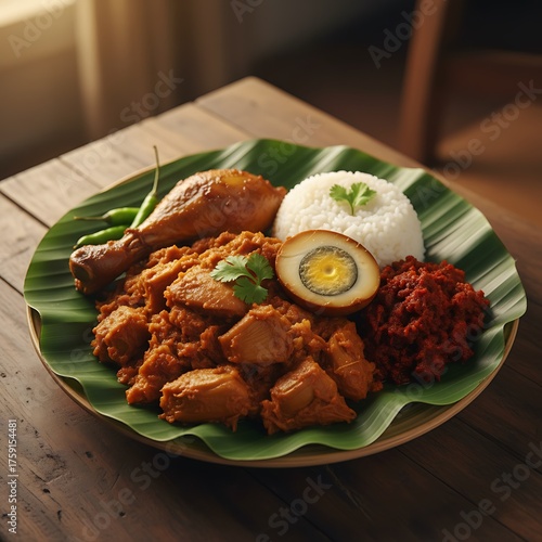 A vibrant plate of Indonesian Nasi Padang with chicken rendang, a drumstick, rice, boiled egg, and sambal, served on a banana leaf on a wooden table.