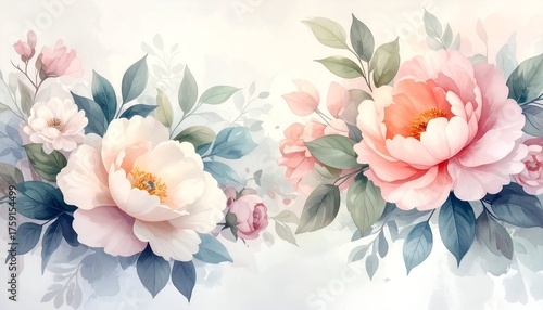 Beautiful watercolor floral arrangement featuring peonies and blossoms on a soft pastel background