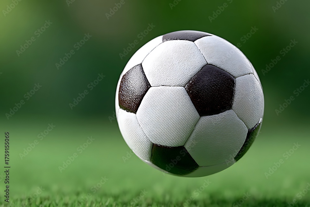 Fototapeta premium Black and White Soccer Ball in Motion Over Grass Field