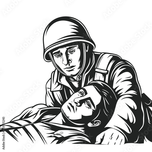 Heroic soldier assists injured comrade in solemn act of courage and support