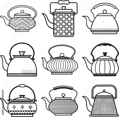 Tea Time Teapot Outline Vector Icon Set