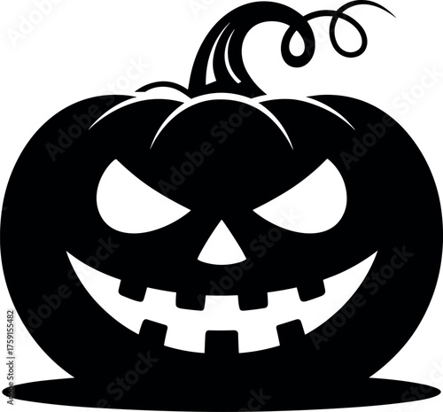 Black silhouette of a grinning jack o lantern with curly stem