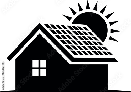 Black house with solar panels and sun icon home energy