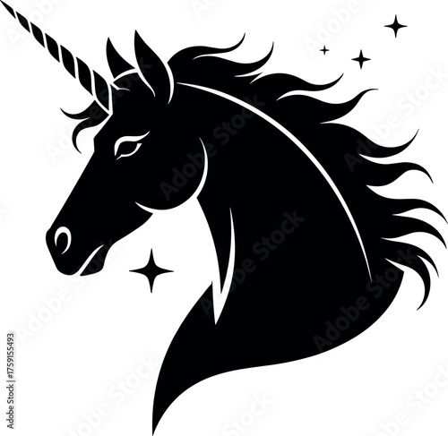 Black unicorn head with spiral horn and stars horse