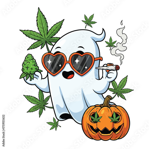 Spooky ghost in heart sunglasses with cannabis leaf and pumpkin halloween vector illustration