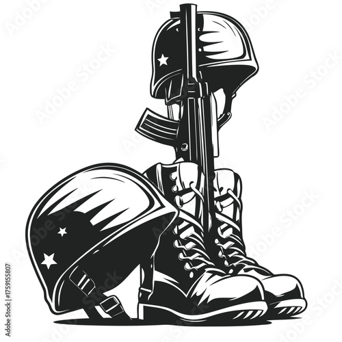 Military fallen soldier memorial display boots helmet rifle silhouette tributes honor