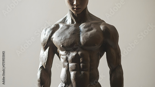 Sculpted torso of muscular male statue in dramatic light