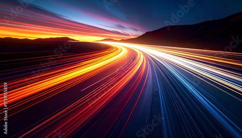 Vibrant sunset over a winding highway with dynamic light trails from moving vehicles, serene landscape