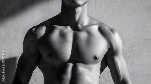 Muscular definition of teenage athlete in grayscale