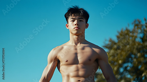 Muscular Asian male teenager outdoors confidently