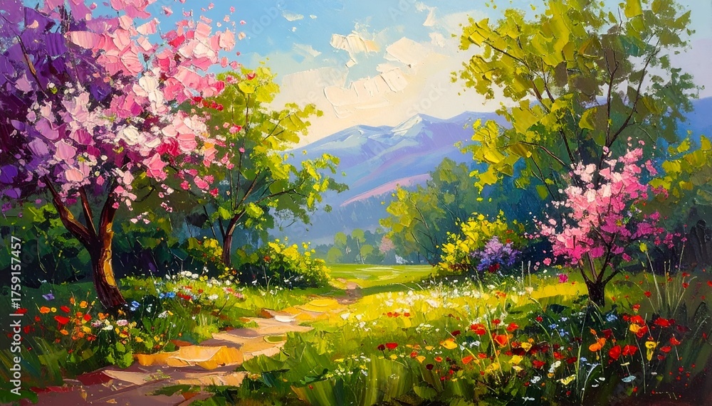 Naklejka premium Vibrant spring landscape with blooming flowers, lush trees, and majestic mountains in the background