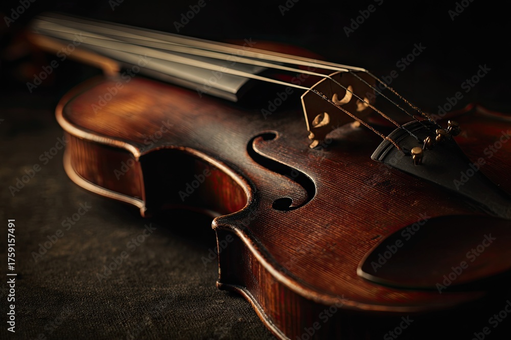 Fototapeta premium Close-up of a classic string instrument with detailed woodwork, soft focus, and dark background