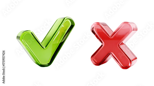 A green checkmark and a red cross symbol are shown side by side against a transparent background representing concepts like yes no right and wrong